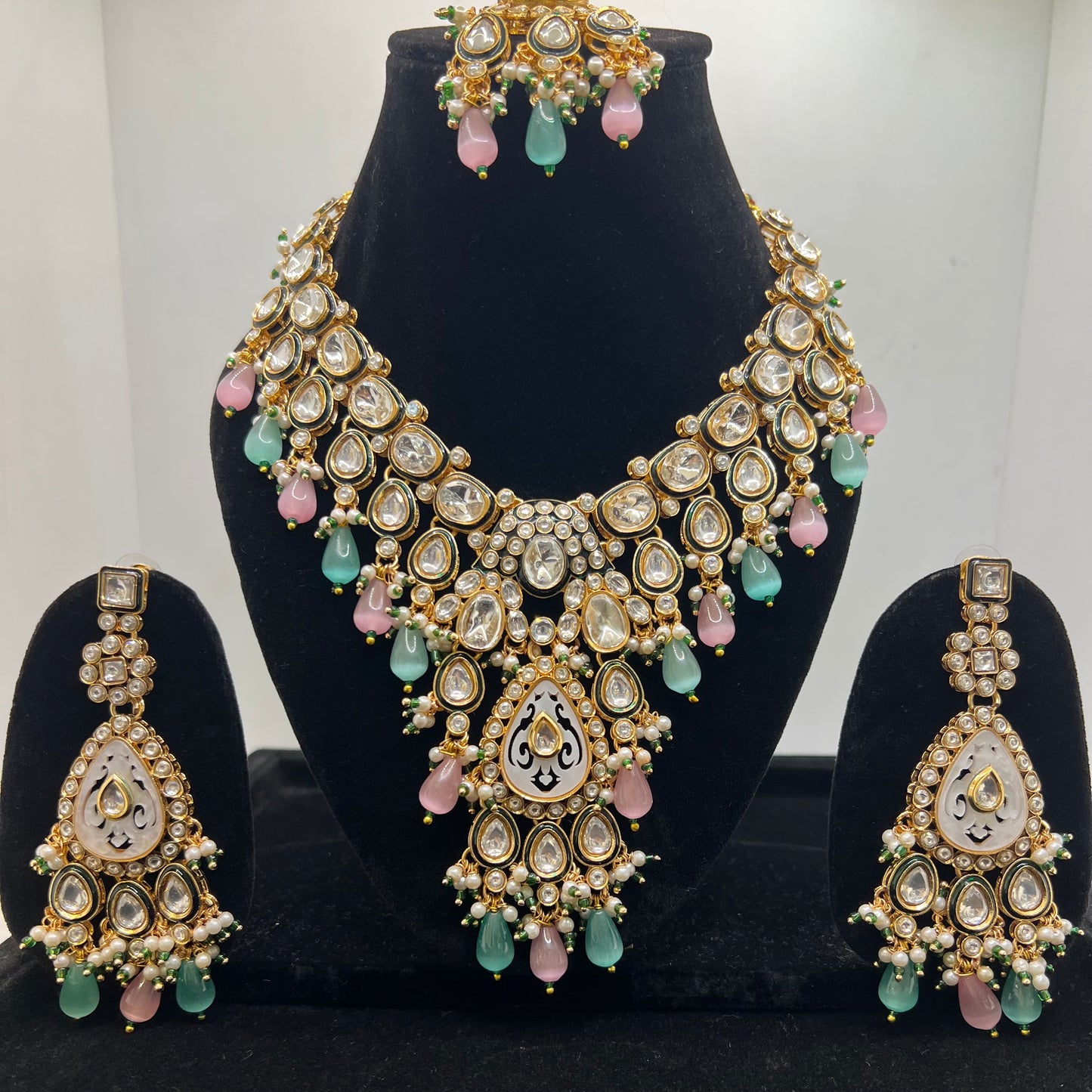 Pink Blue Firoza Pearl Moissanite Polki Kundan Set