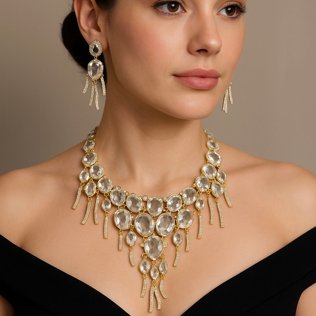 Gold White Zirconia Stone American Diamond Bridal Set