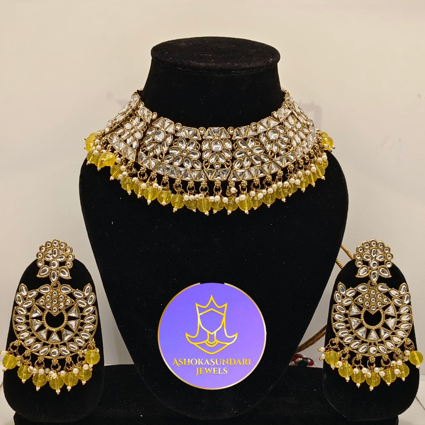 Haldi Yellow Kundan Jewellery Set with earrings