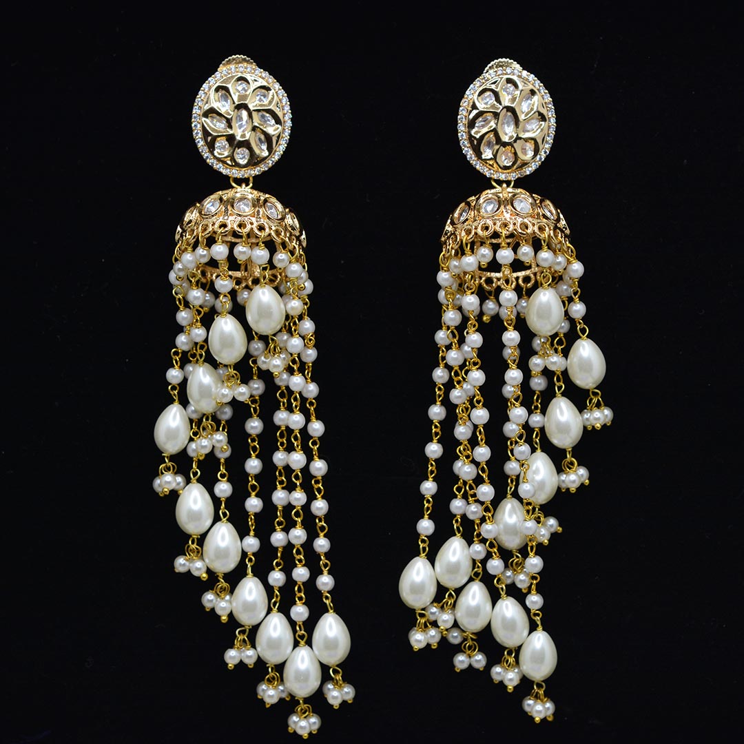 White Pearl Polki Kundan Jhumki chandelier Earrings
