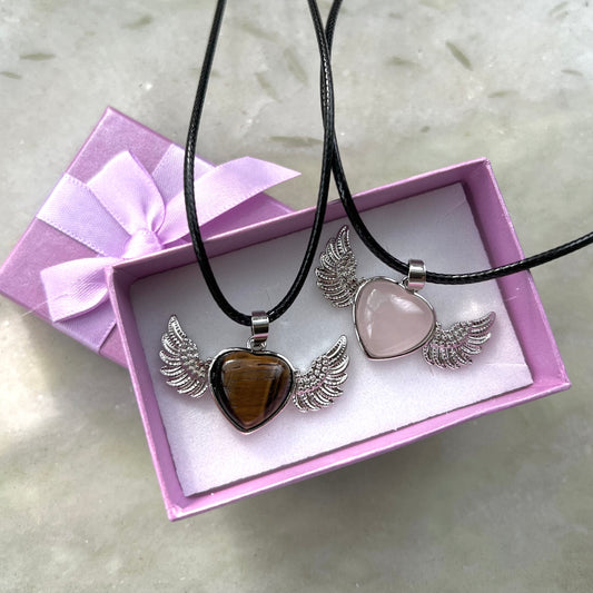 Set of 2 Heart Pendant Chain Tigers Eye Rose Quartz Crystal Hearts