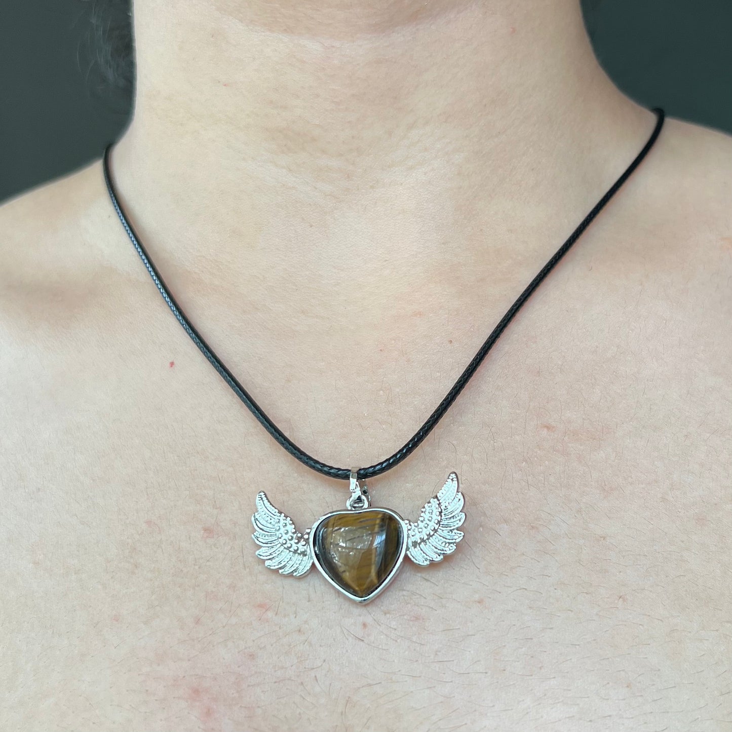 Set of 2 Heart Pendant Chain Tigers Eye Rose Quartz Crystal Hearts