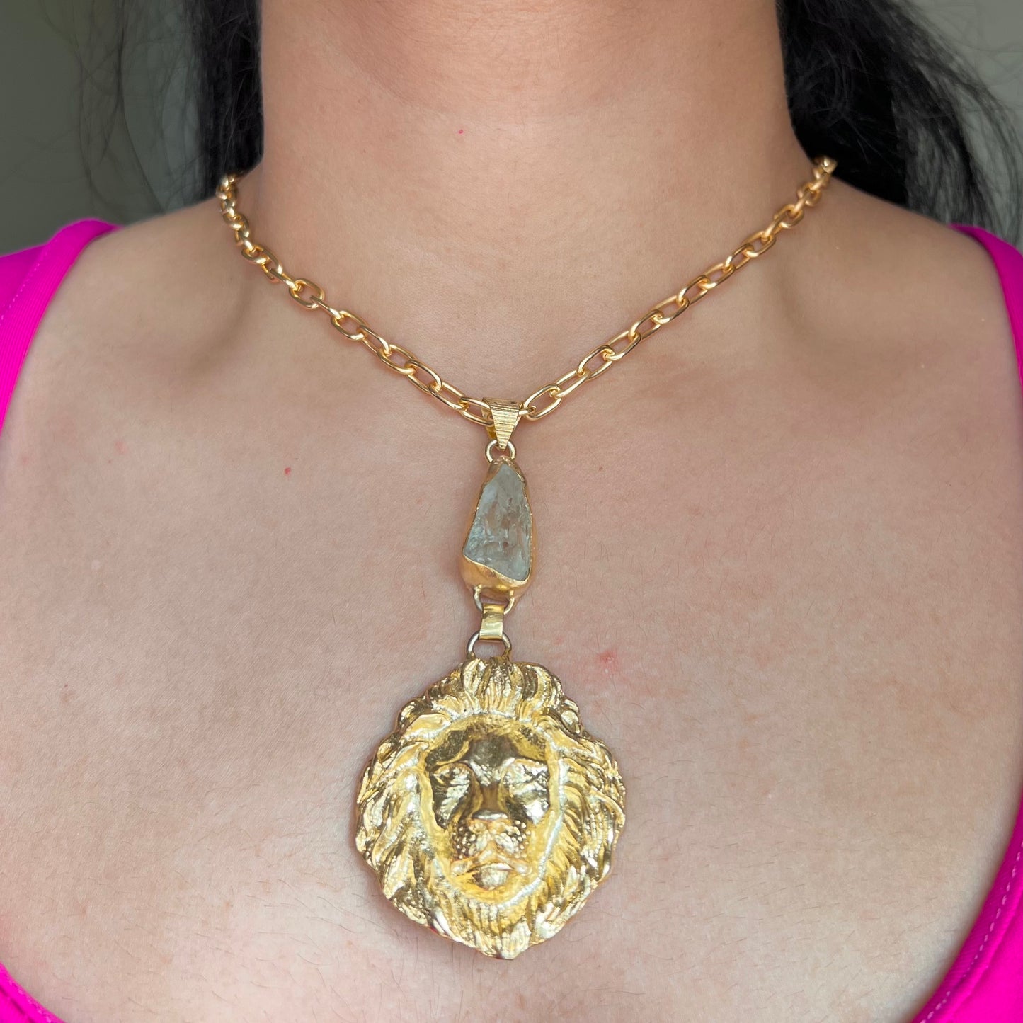 Lion Head Gold Plated Statement Pendant Chain