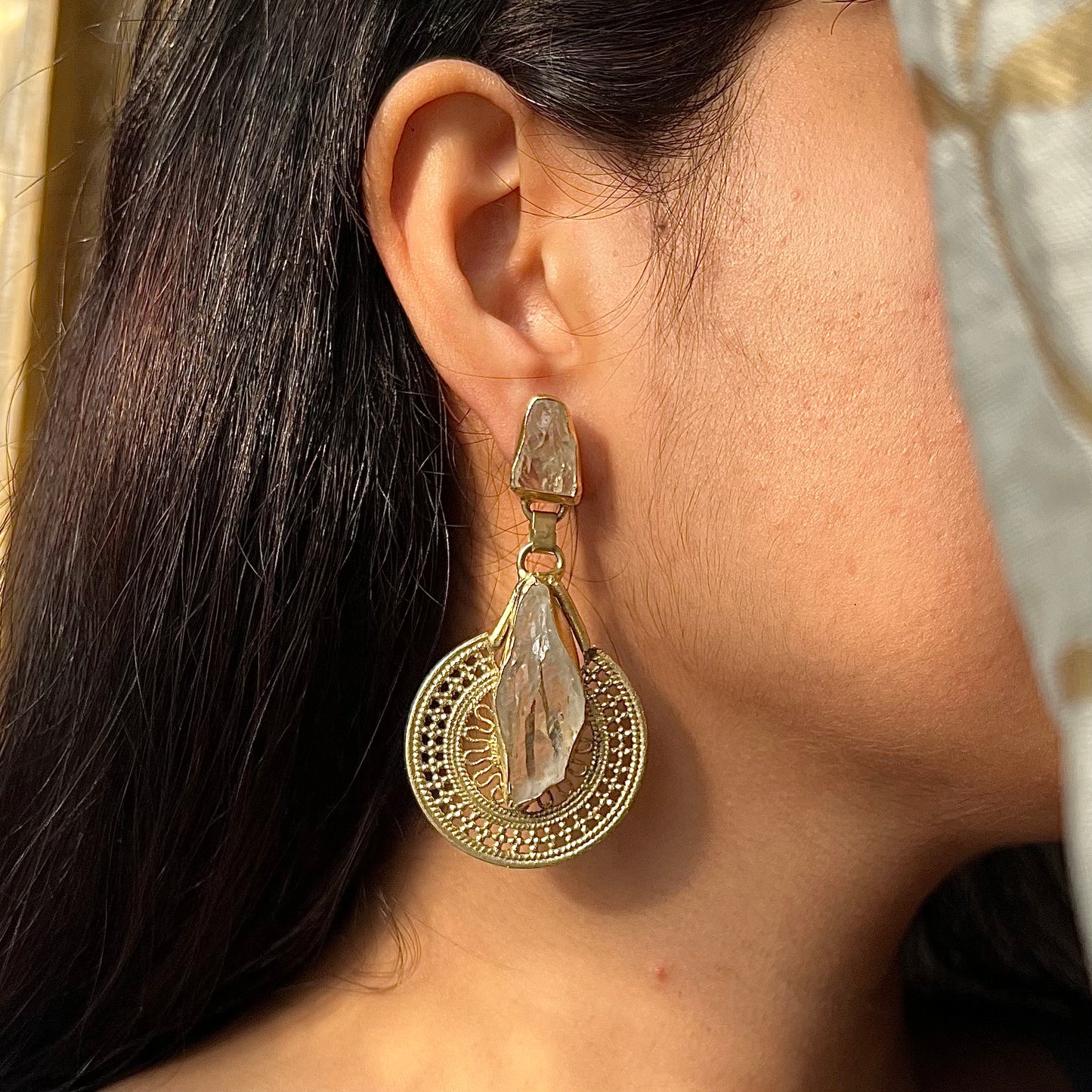 Clear Quartz Silver Plated Statement Earrings