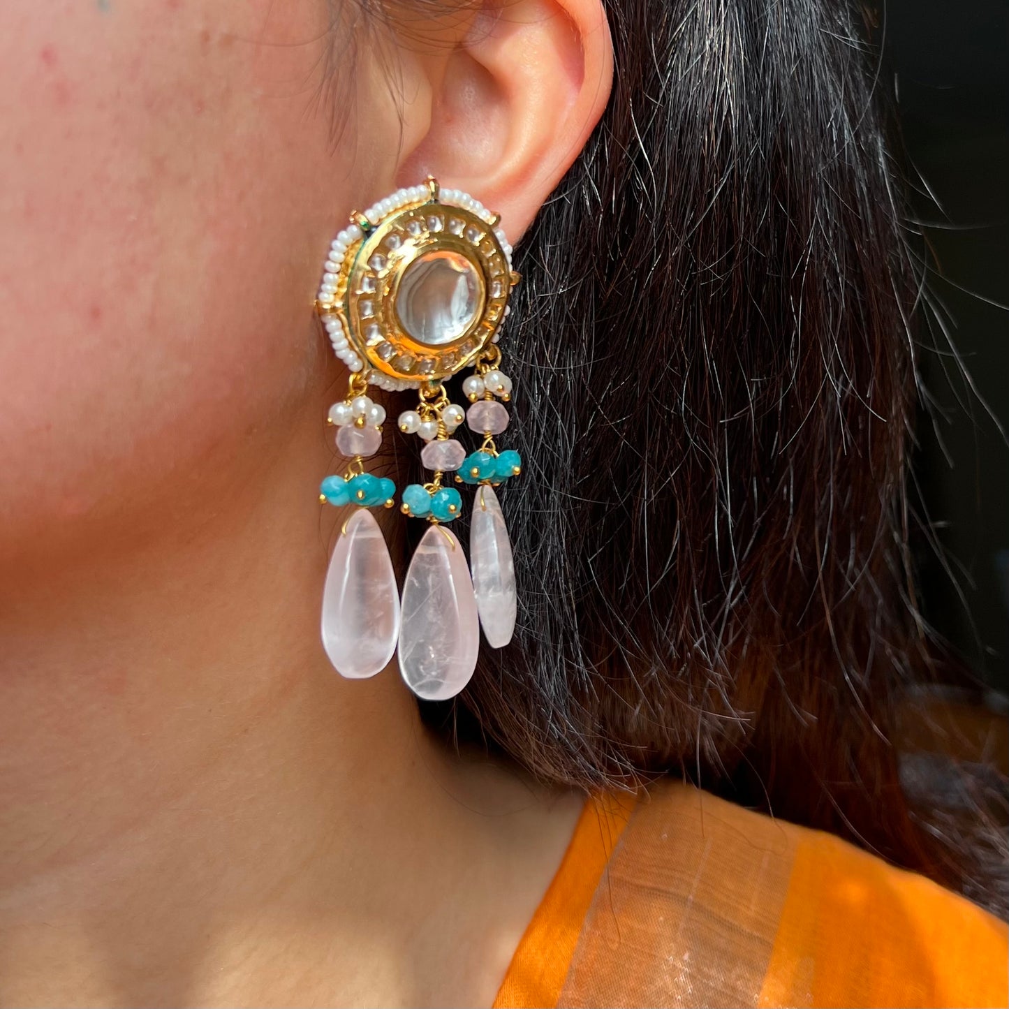 Dreamcatcher Rose Quartz Crystal Kundan Pearl Earrings