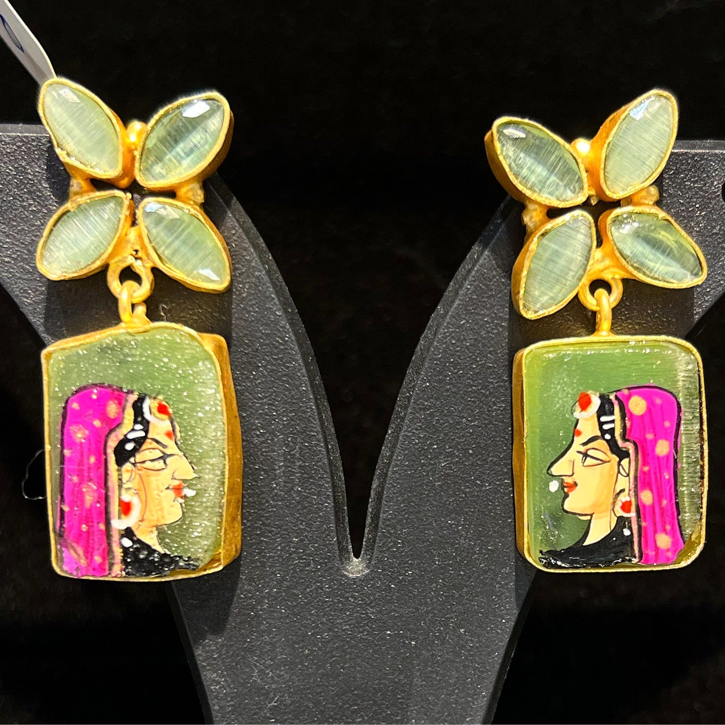 Gold Handpainted Rajputi Princess Portrait Earrings