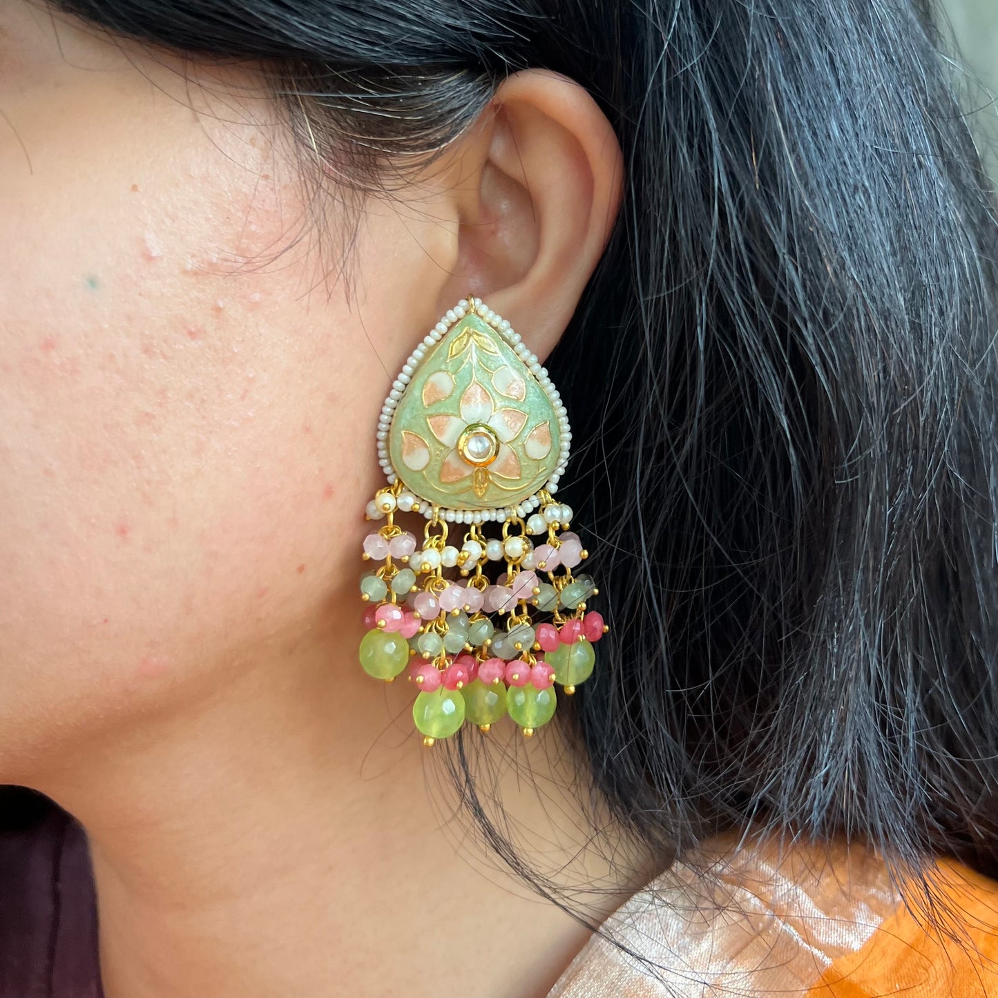 Green Meenakari Pearl Fringe Earrings