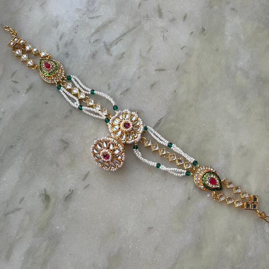 White Pearl Kundan Mathapatti with Rajasthani Borla Traditional Head Accessory