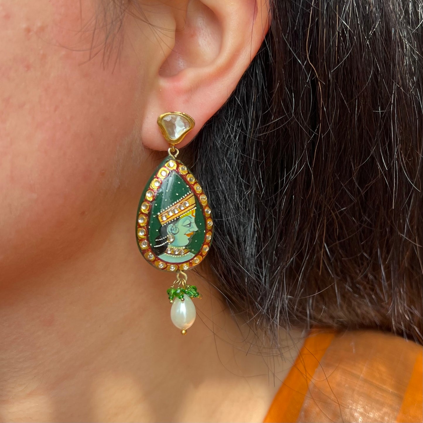 Rajasthani Woman Meenakari Hand Painted Earrings Green