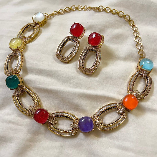 Statement Multi Color Chain Stone Choker Set