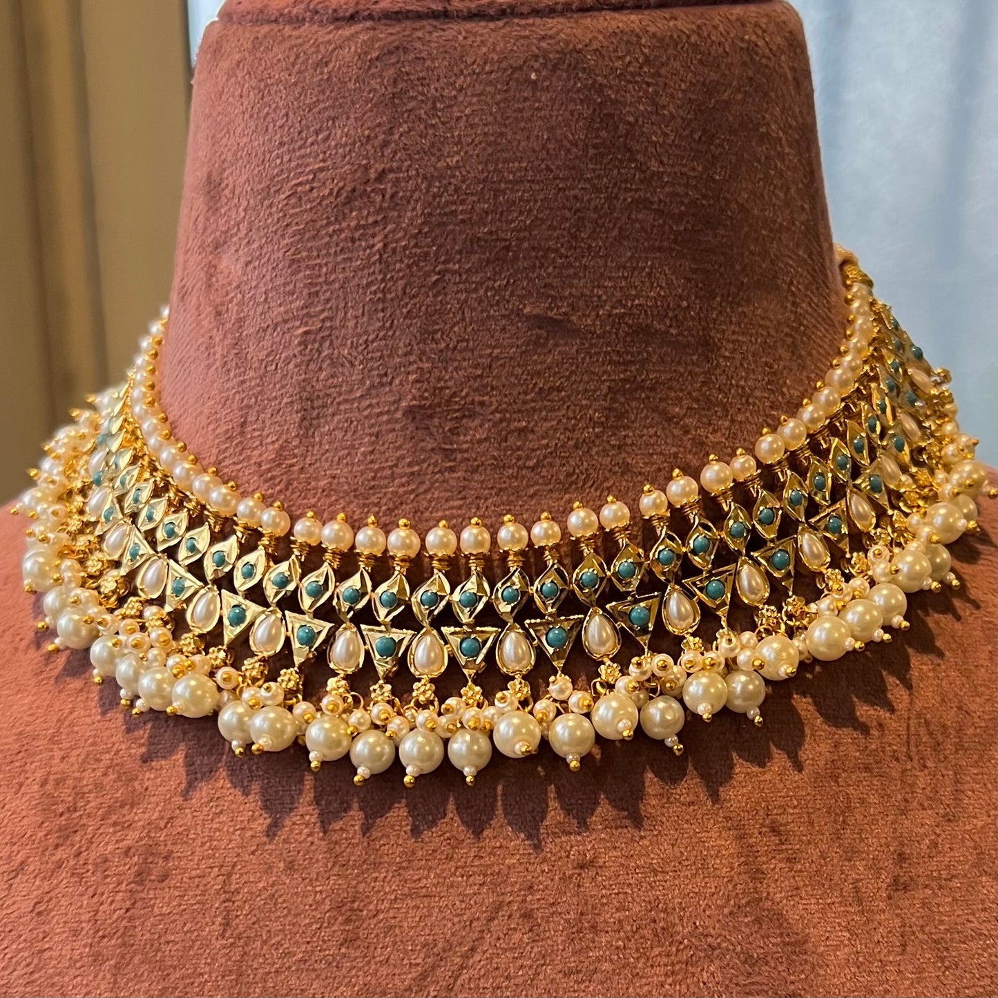 Gold Blue Jadau Pearl Set