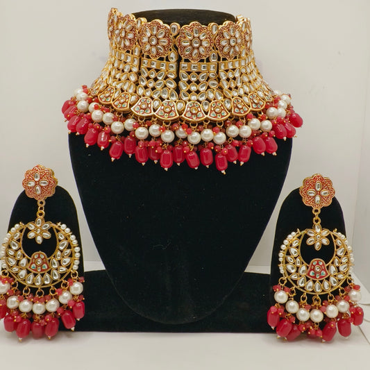 Statement Gold Plated Rani Pink Beaded Fancy Jewellery Set