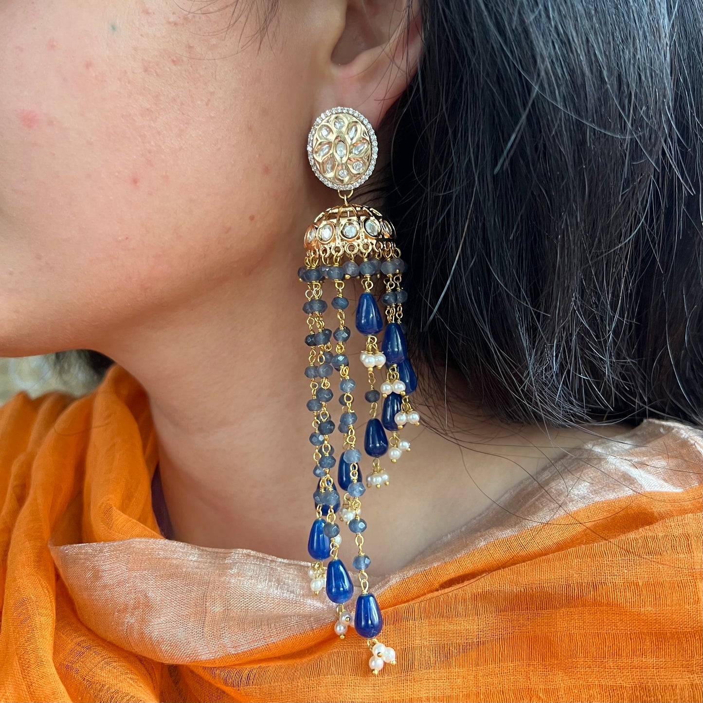 Blue Pearl Polki Kundan Jhumki chandelier Earrings