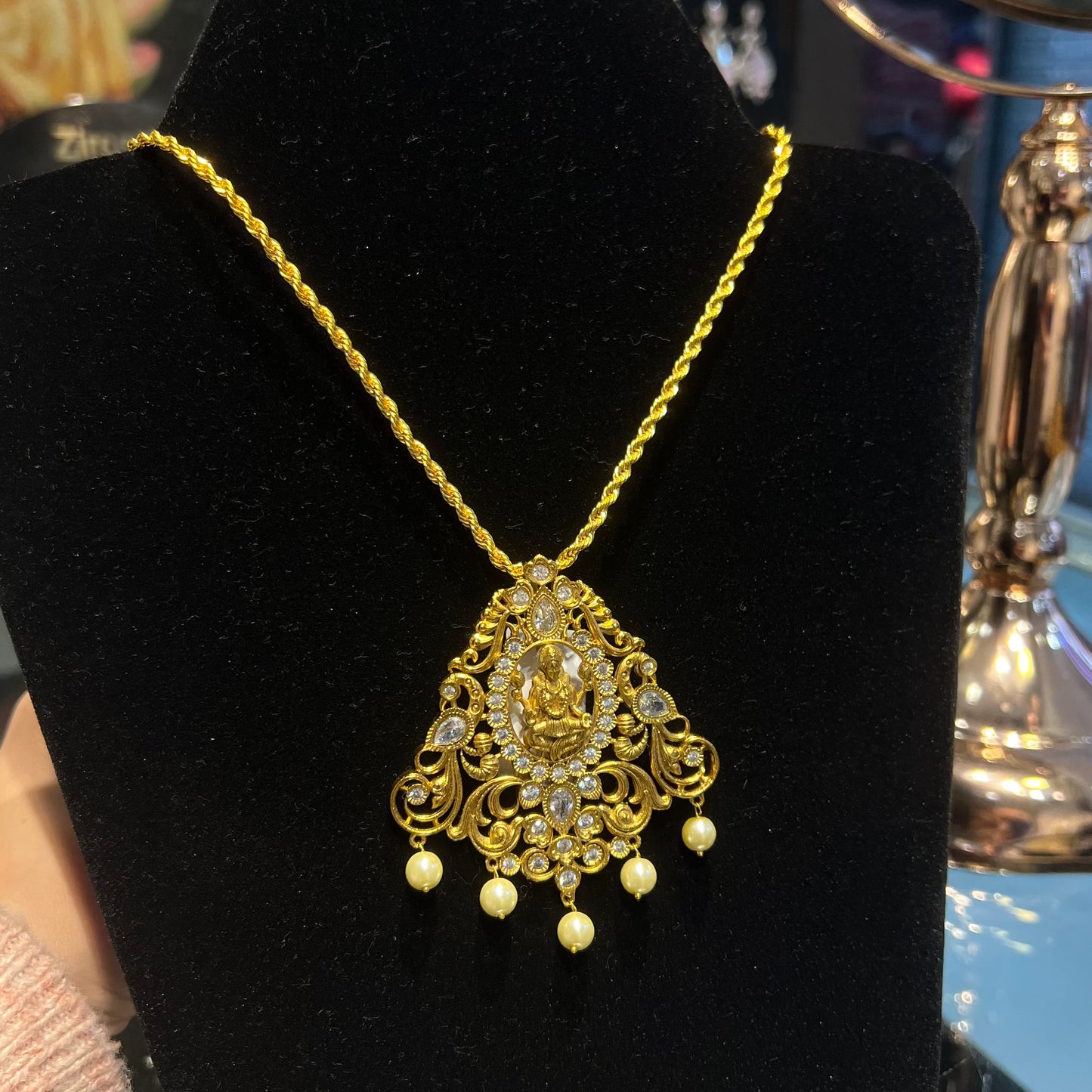 Gold Laxmi Devi Pendant with Pearl Dropping