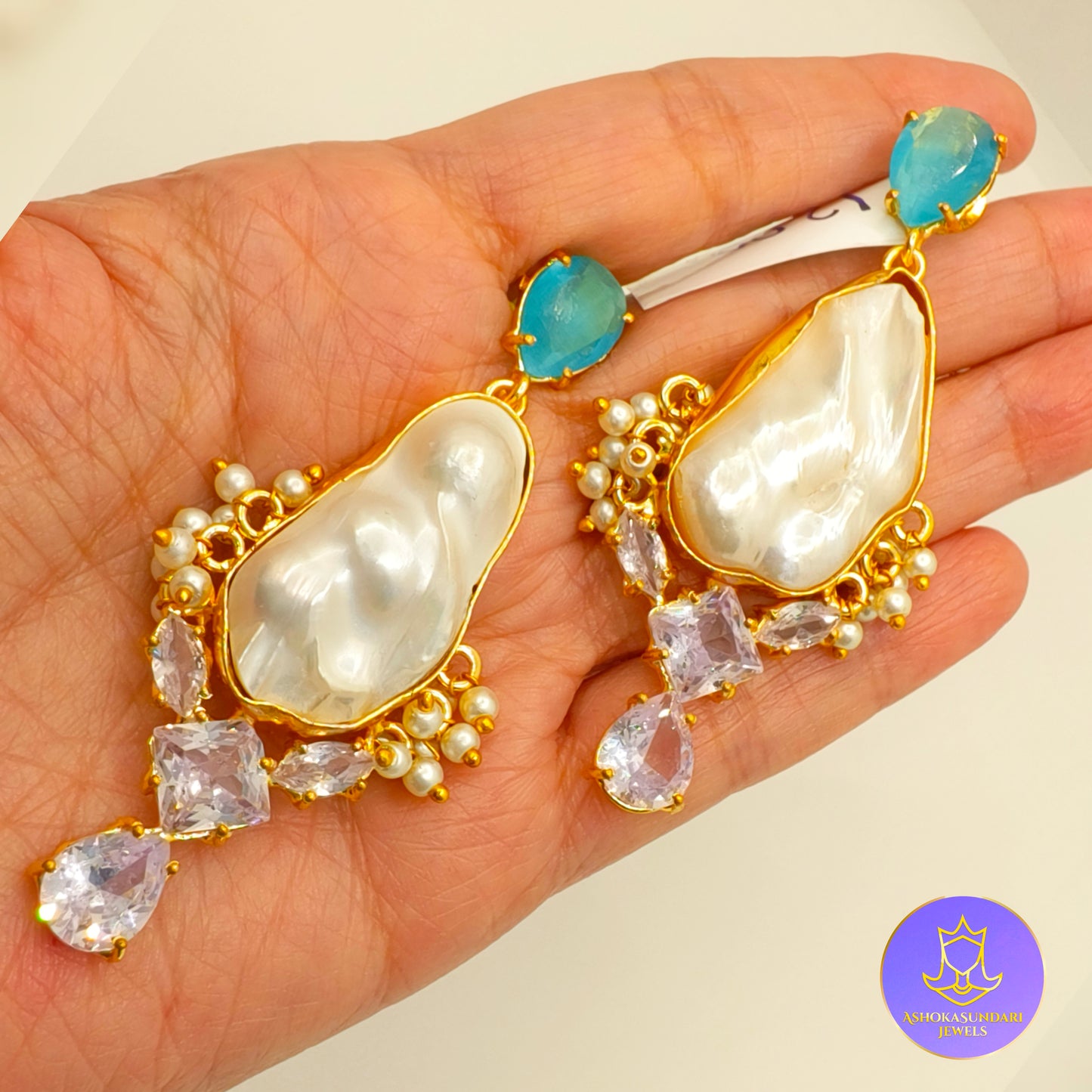 Raza White Pearl AD Earrings BLUE