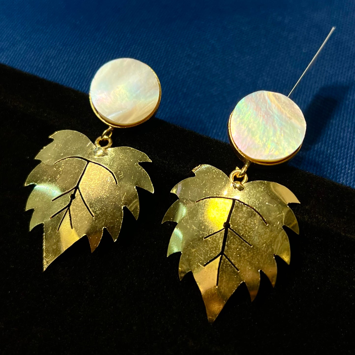 Gold Autumn Leaf White Drop Earrings