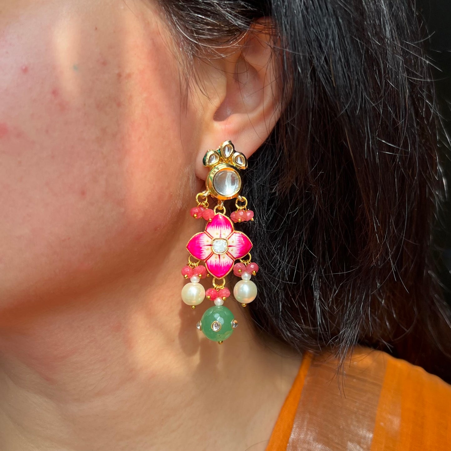 Pink Meenakari Kundan Drop Earrings