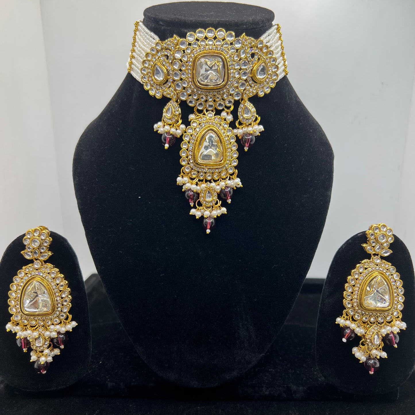Red White Pearl Kundan Stone Choker Set
