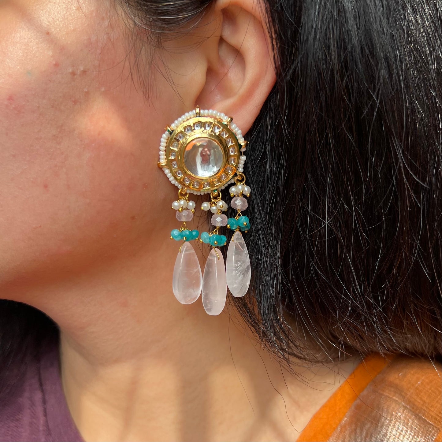 Dreamcatcher Rose Quartz Crystal Kundan Pearl Earrings