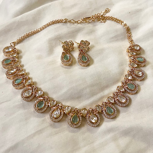 Mint Green Rose Gold Crystal Moissanite Polki Choker Set