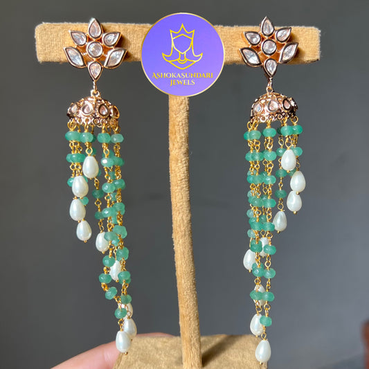 Pastel Green Pearl Polki Kundan Jhumki chandelier Earrings