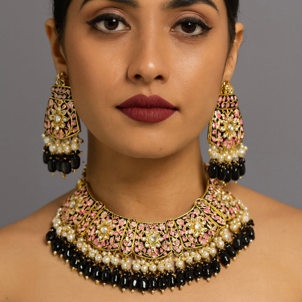 Black Pink Meenakari Kundan Jewellery Set with earrings