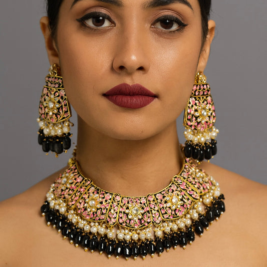Black Pink Meenakari Kundan Jewellery Set with earrings