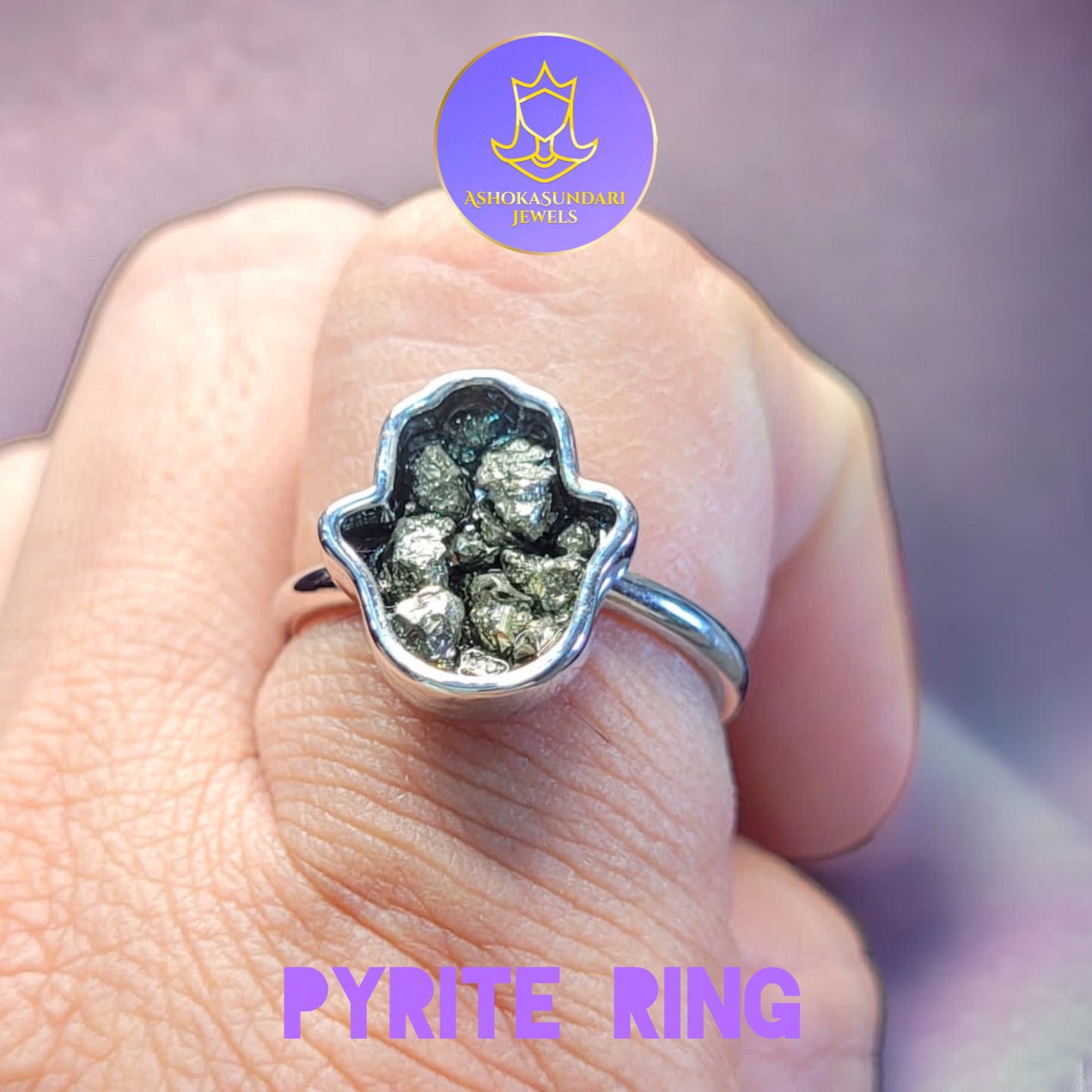 Hamsa Pyrite Crystal Ring