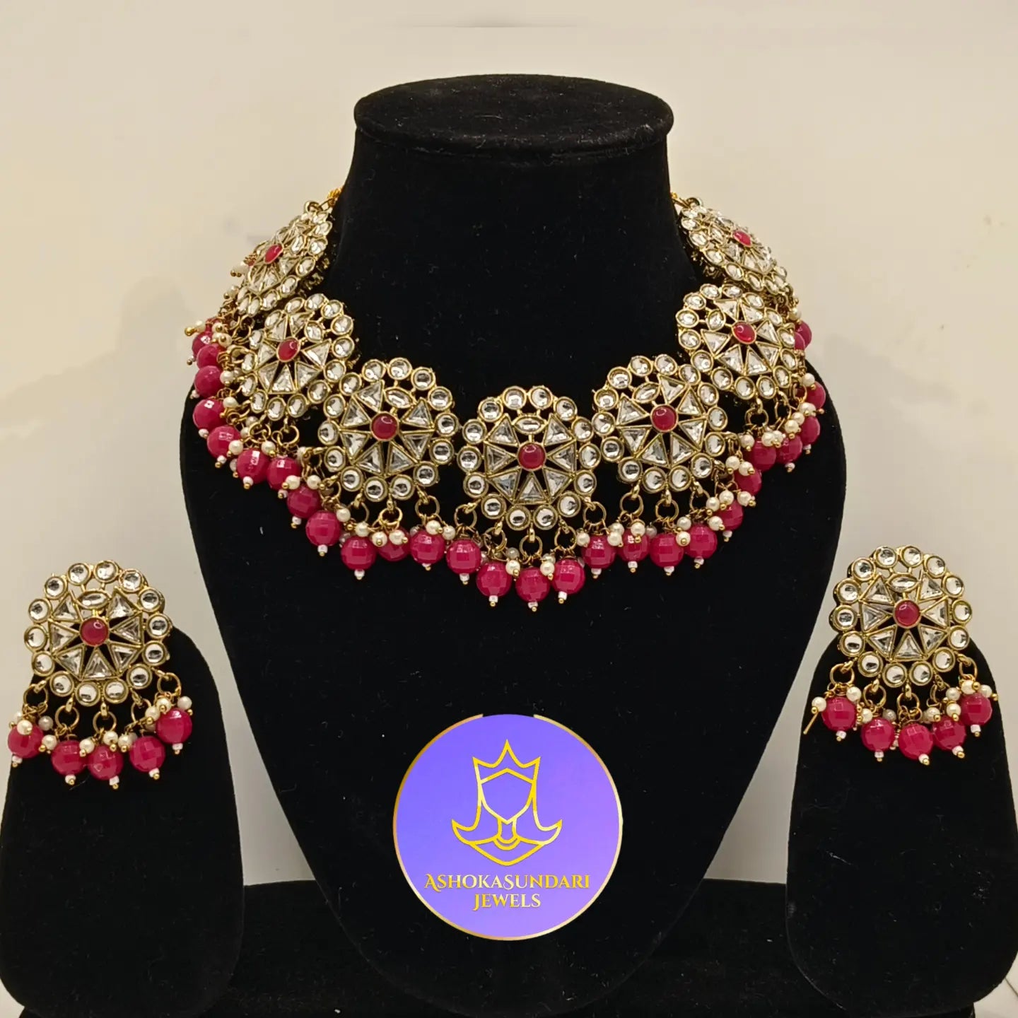 Floral Pink Kundan Jewellery Set with earrings