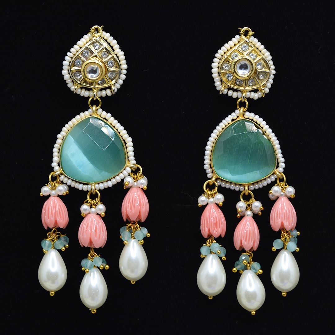 Pale Pink Blue Kundan Studded Statement Pearl Earrings