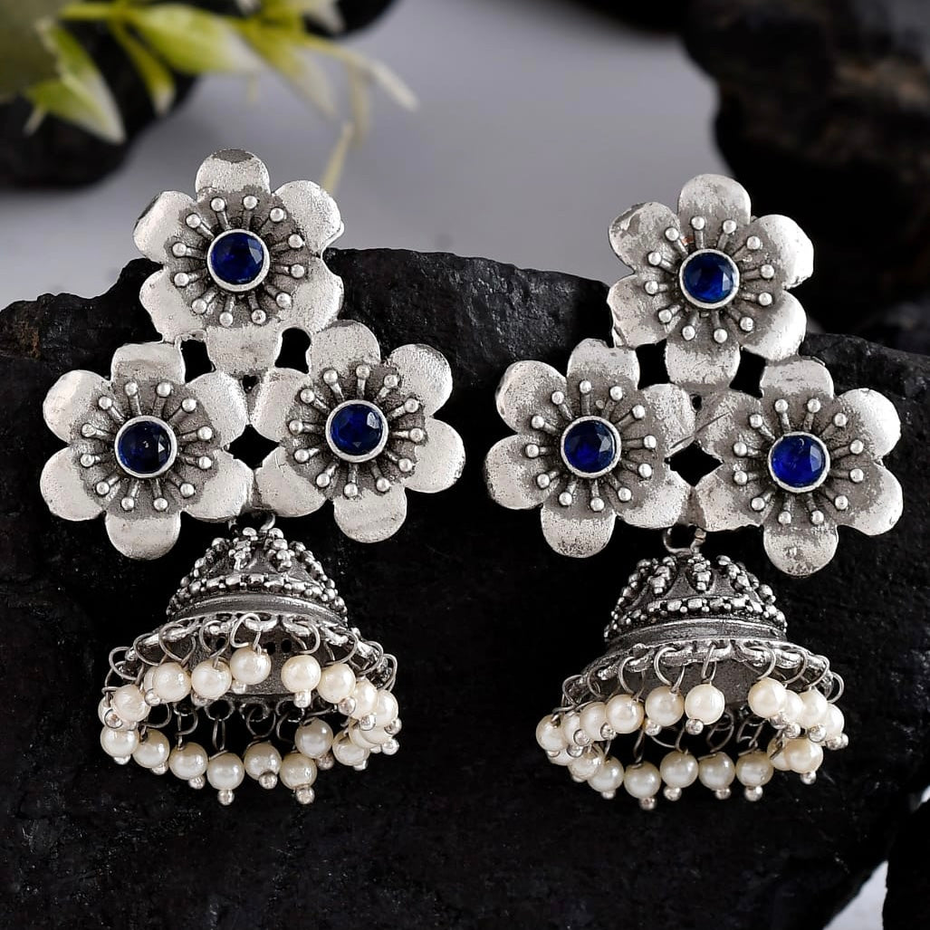 Floral Silver Plated Jhumki Lightweight Earrings