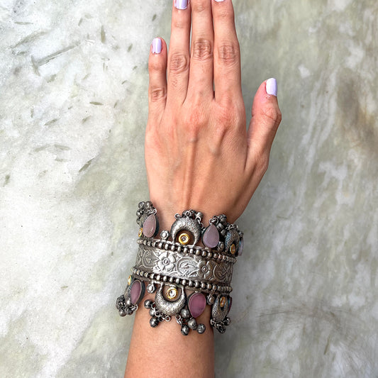 Melina Warrior Silver Antique Statement Hand Cuff (Pink)
