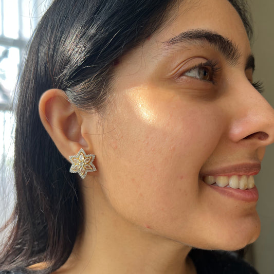 Kesar Gold Flower Diamond Studded Earring Tops for Women