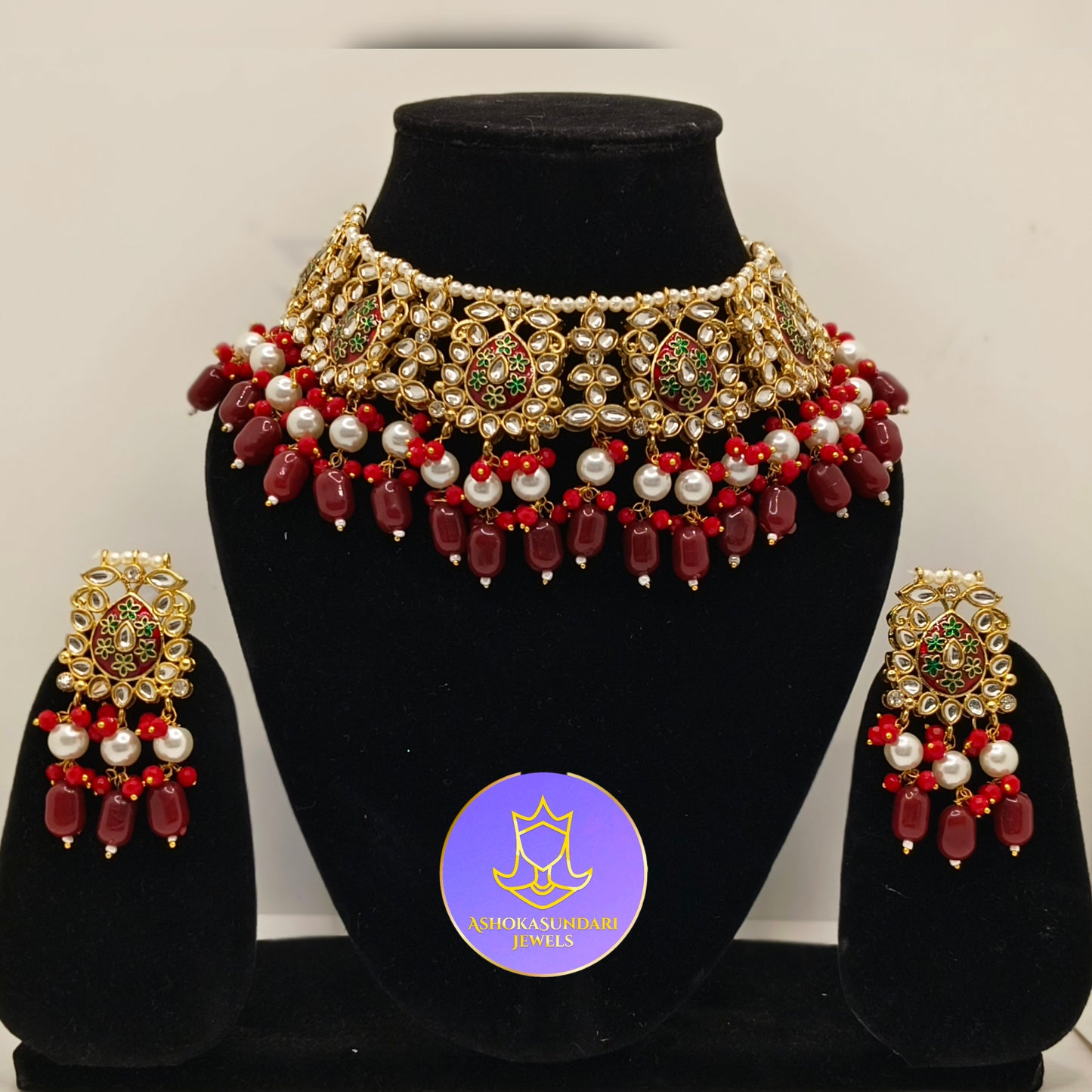 Red Moti Kundan Meena Set