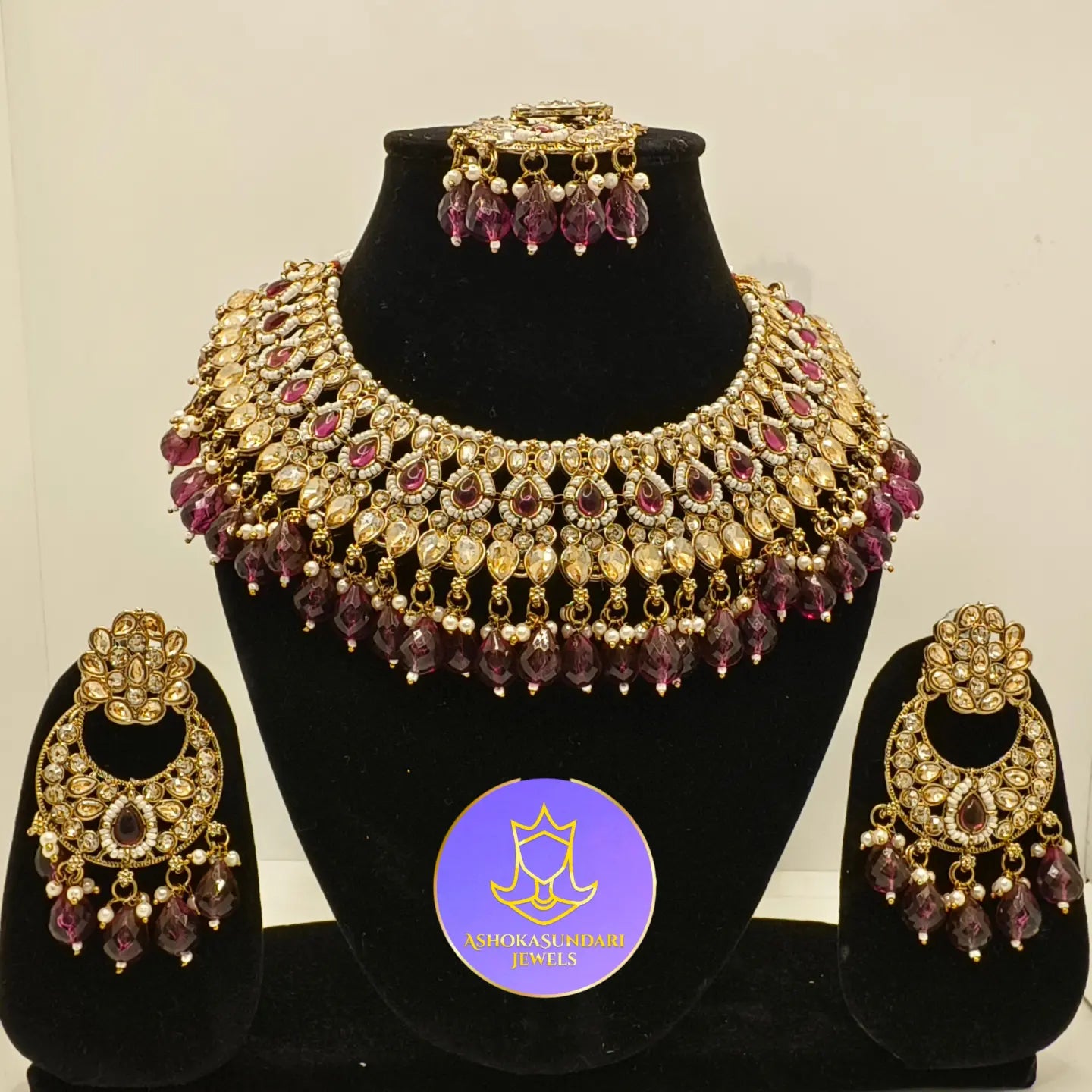 Statement Gold Plated Wine Beaded Fancy Jewellery Set