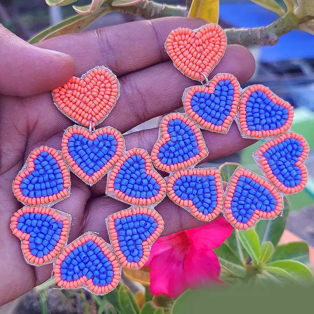 Orange Blue Heart Beaded Earrings