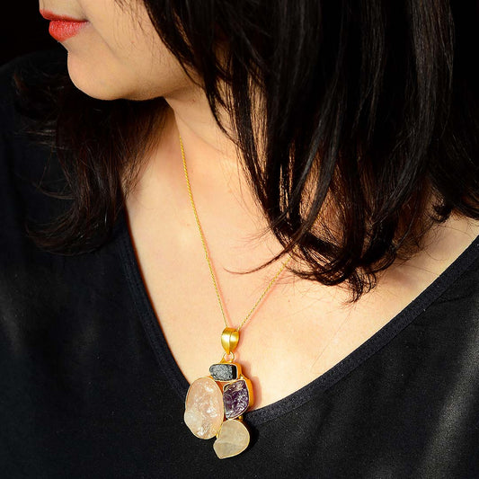 Raw Crystal Brass Pendant Necklace