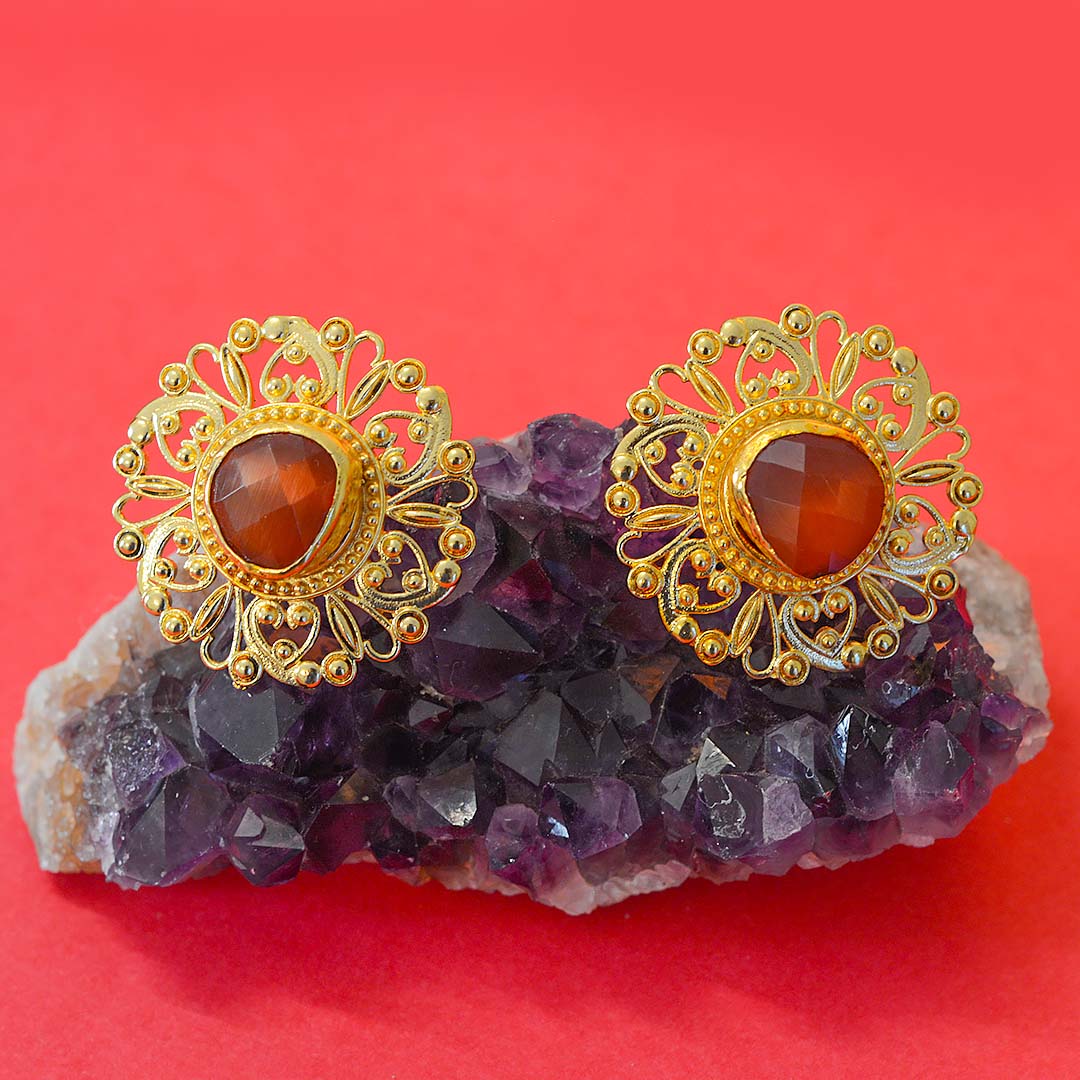 Carnelian Flower Gold Plated Earrings