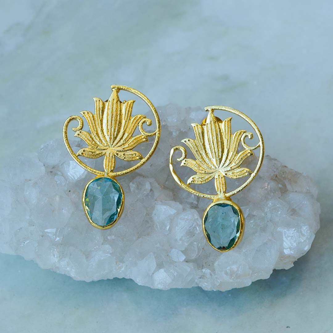 Aquamarine 18k Gold Plated Lotus Earrings