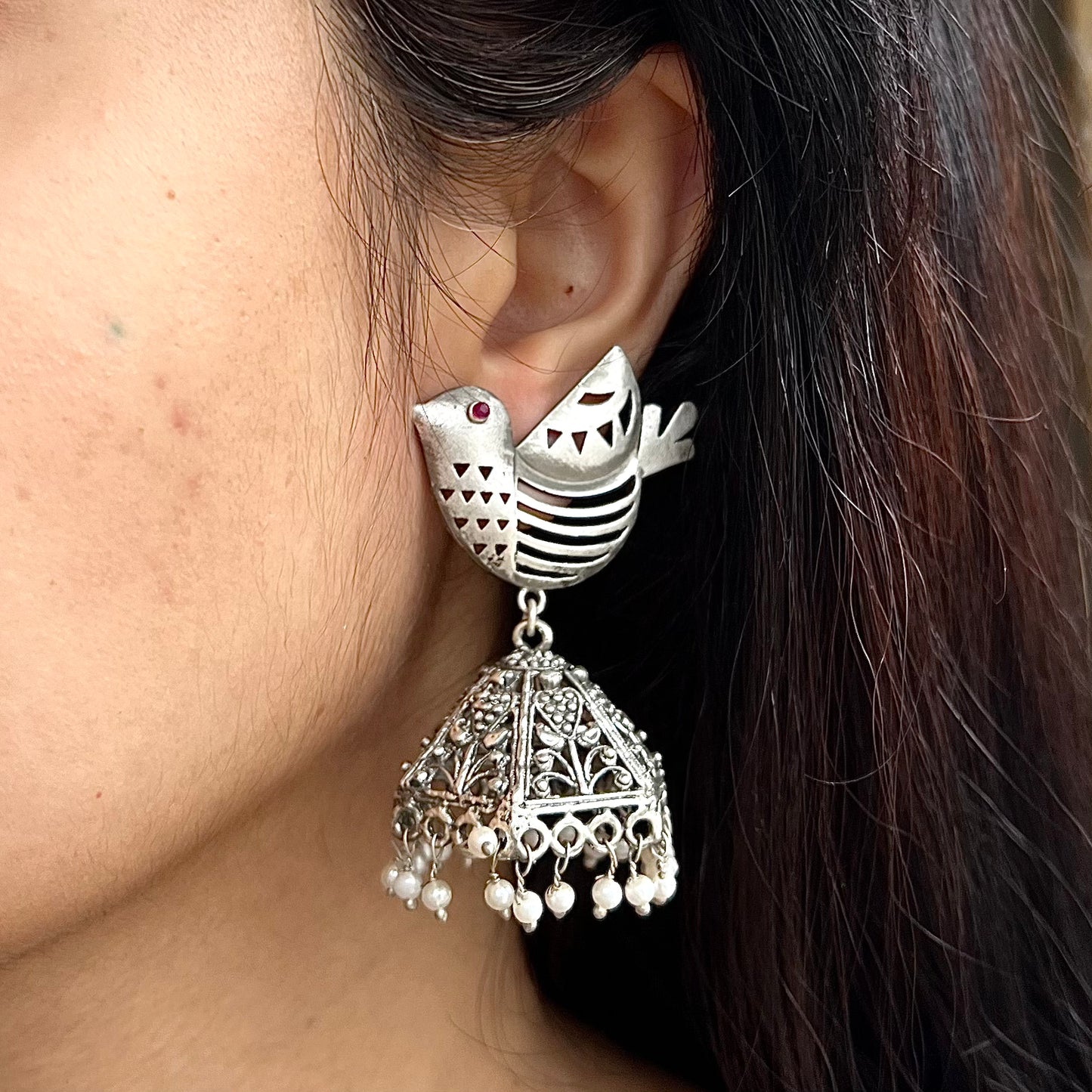Chidiya Bird Silver Plated Jhumkas Earrings