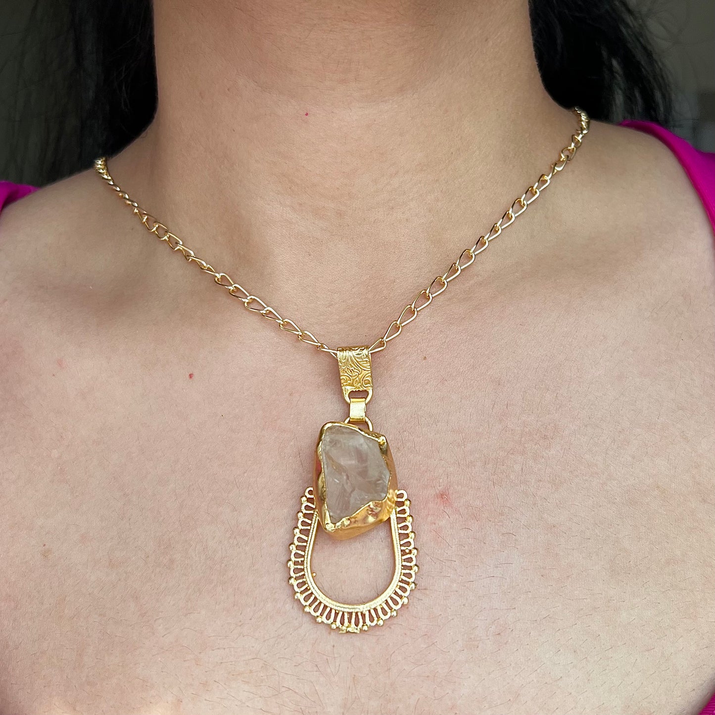Clear Quartz Crystal Gold Plated Pendant Chain