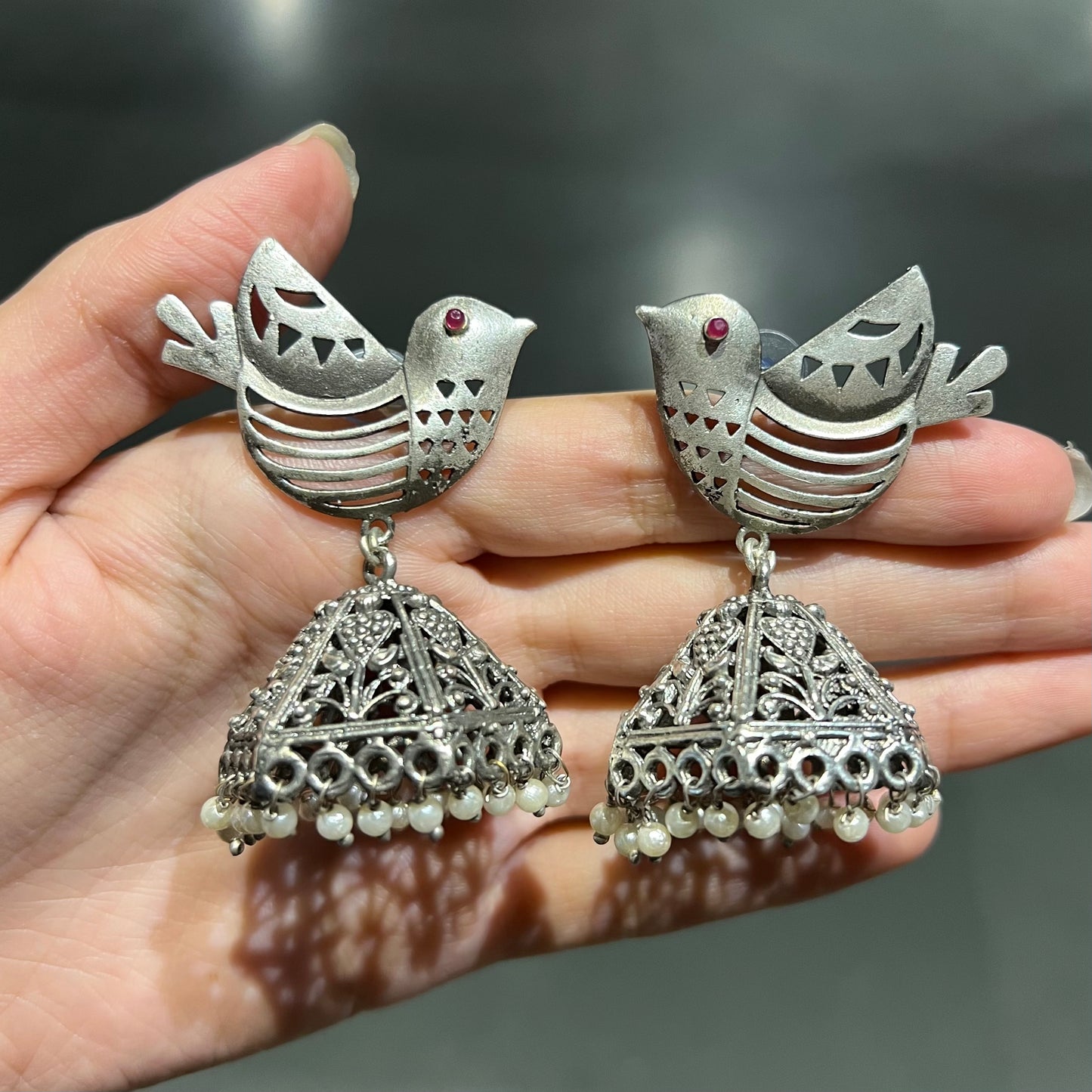 Chidiya Bird Silver Plated Jhumkas Earrings