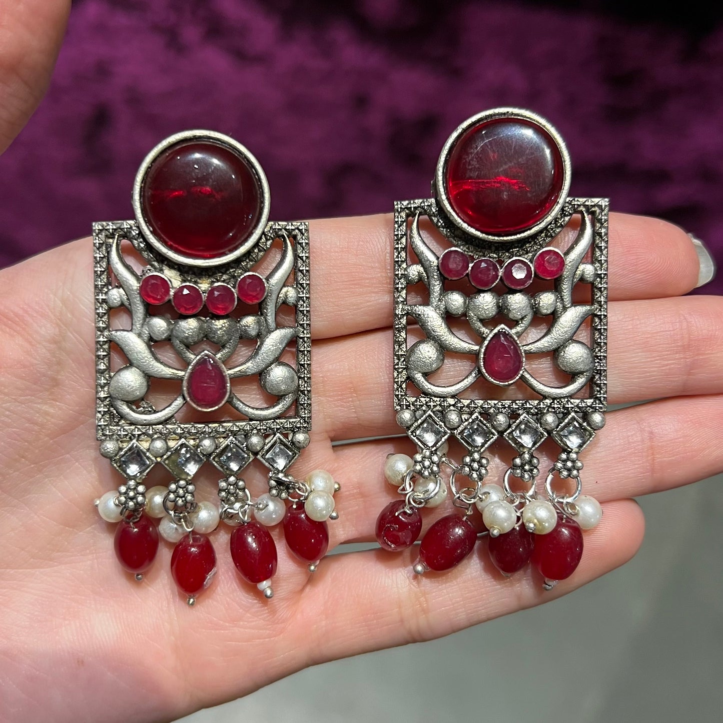 Red Ghaliza Silver Plated Statement Earrings