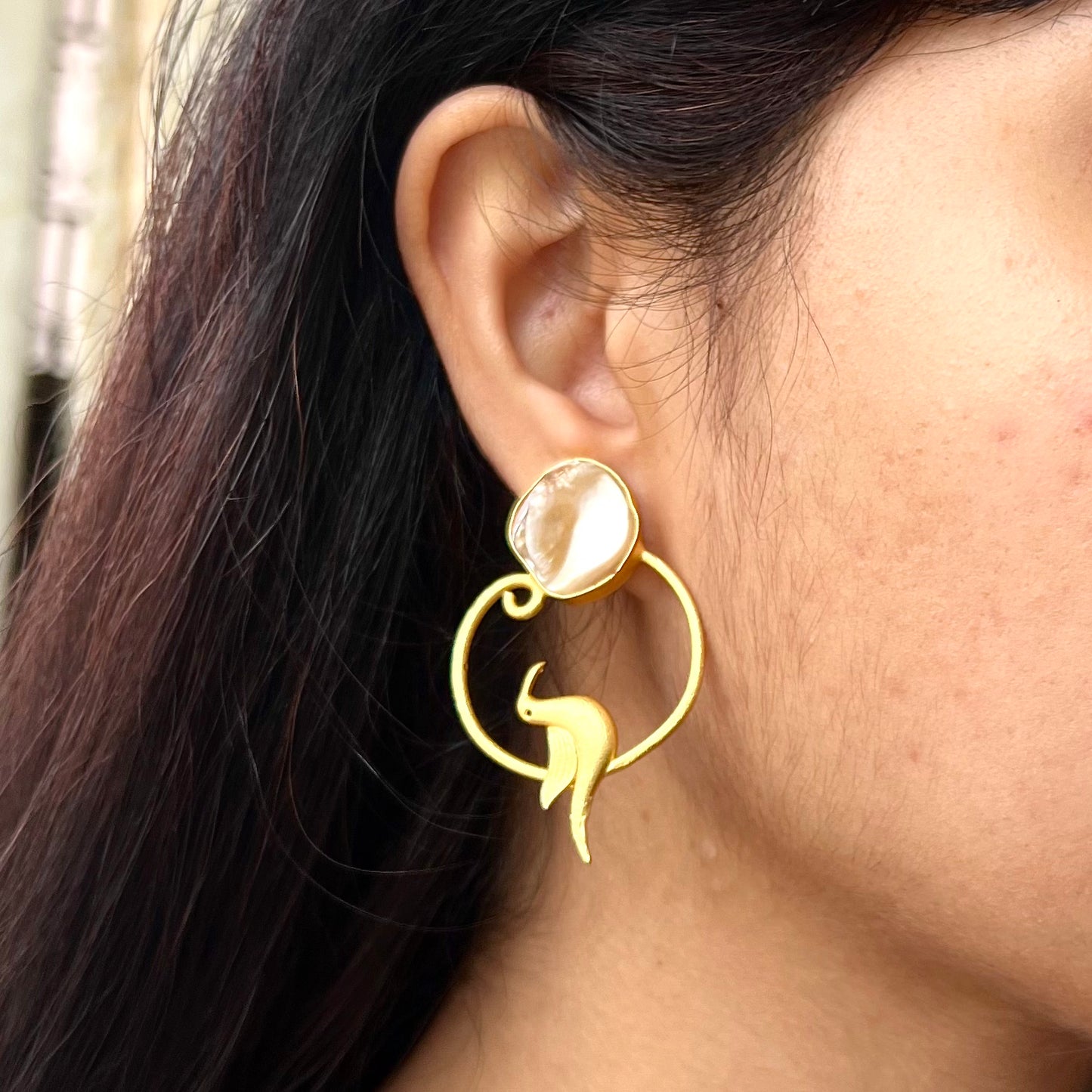 Gold Bird Mother of Pearl Earrings