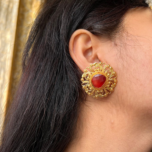 Carnelian Flower Gold Plated Earrings