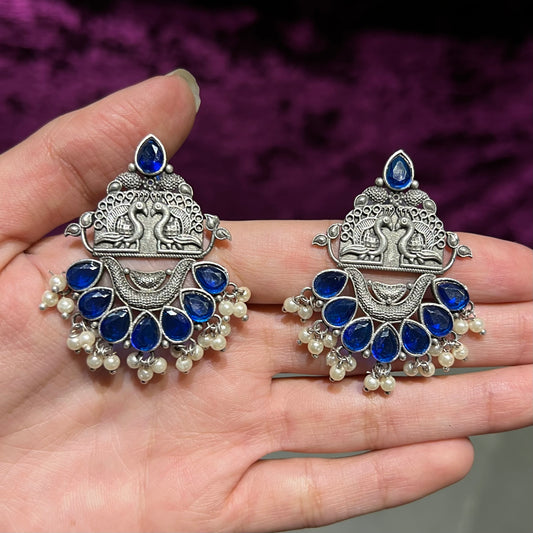 Deep Blue Peacock Silver Plated Earrings