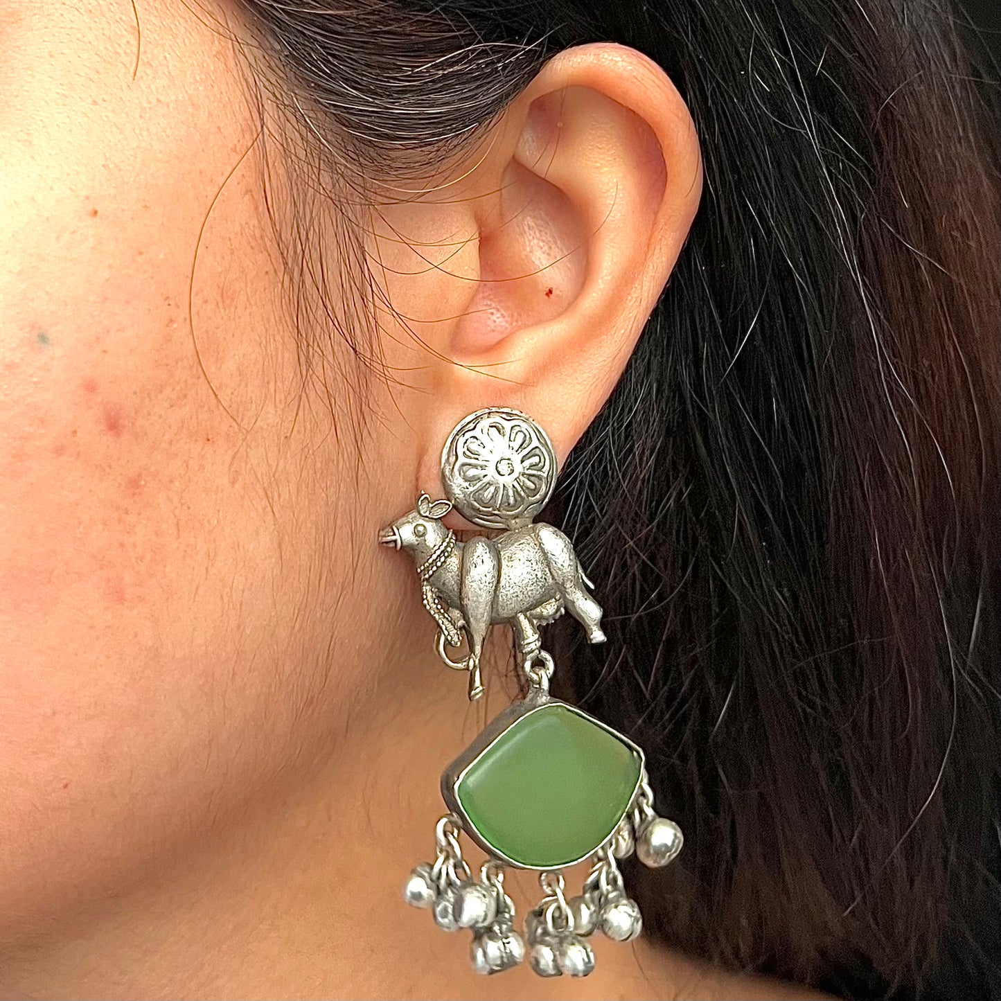 Khore Bel Silver Plated Gungaroo Earrings Light Green