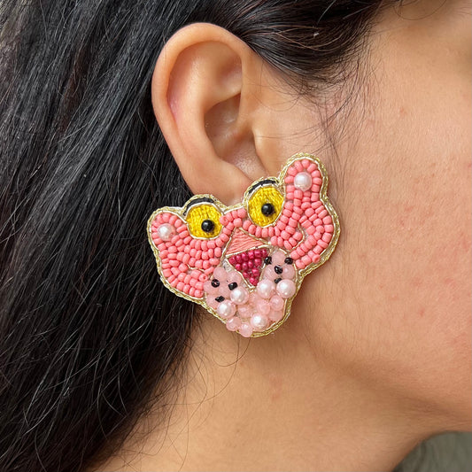 Pink Panther Cartoon Beaded Stud Earrings