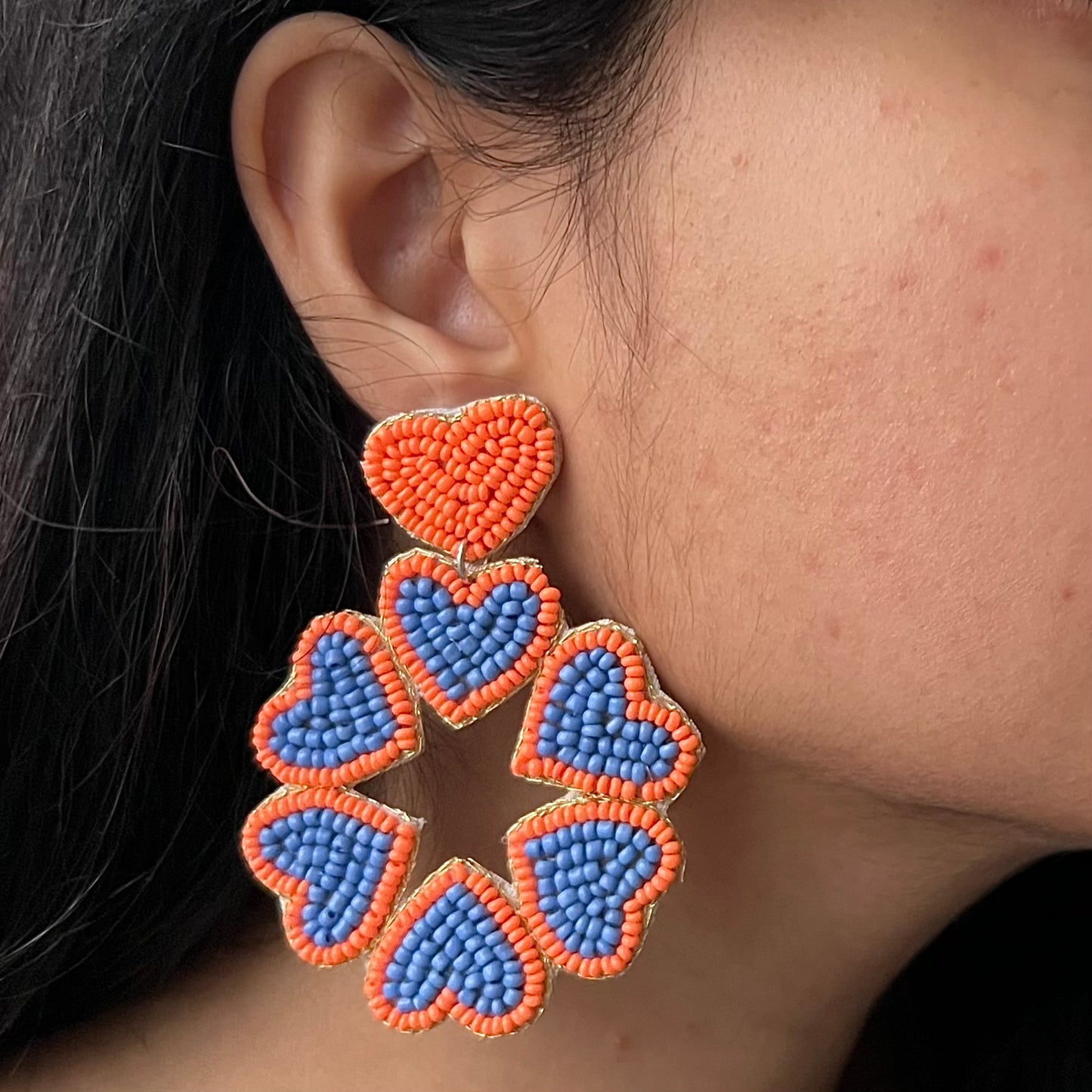 Orange Blue Heart Beaded Earrings
